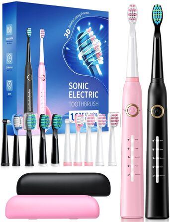 Електрична зубна щітка Demita зі звуковою технологією, 8 насадок, 40000 VPM, 5 режимів, швидка зарядка (30 днів роботи), чорний та рожевий кольори, у комплекті з кейсом S1