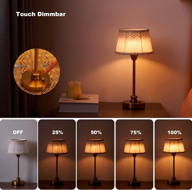 Настільна лампа OCEST з акумулятором, сенсорне керування, регулювання яскравості, для дому, кухні, тераси, їдальні (античне латунь-льон), тканинний абажур 27,5 см