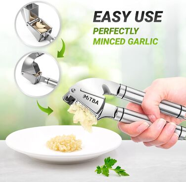 MiTBA Garlic Press Set with Non-Slip Handles - Includes Crusher, Silicone Peeler & Cleaning Brush