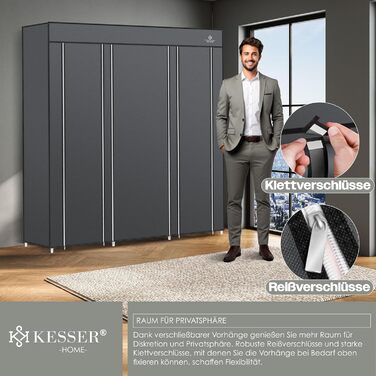 KESSER® Wardrobe Fabric Closet, Stable with Clothes Rail & Shelves, Incl. 5x Clothes Hangers, Fabric Folding Closet for Bedroom, Dressing Room Wardrobe with Clothes Rack 150x45x175cm Anthracite