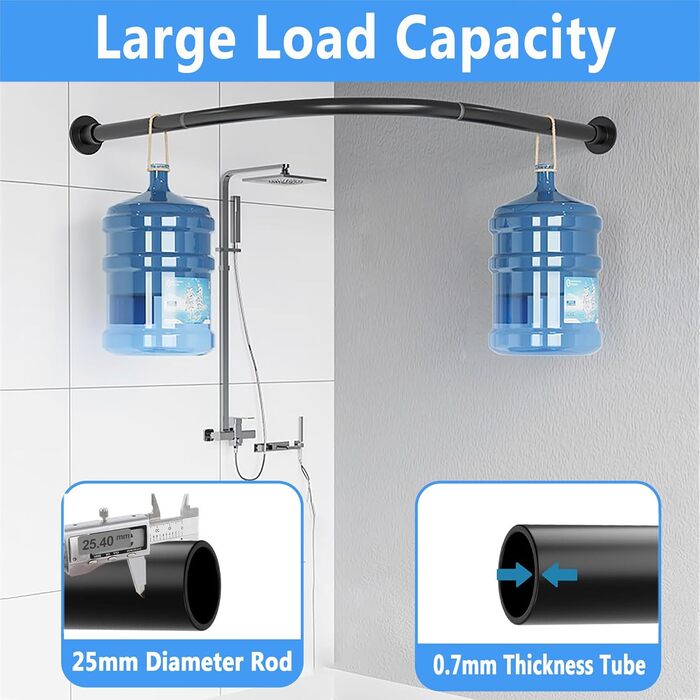 Штанга для душової завіси чорного кольору L-подібної форми, розширювана, з нержавіючої сталі 304, без свердління, для ванної кімнати/ванни (70-95 см x 70-95 см)