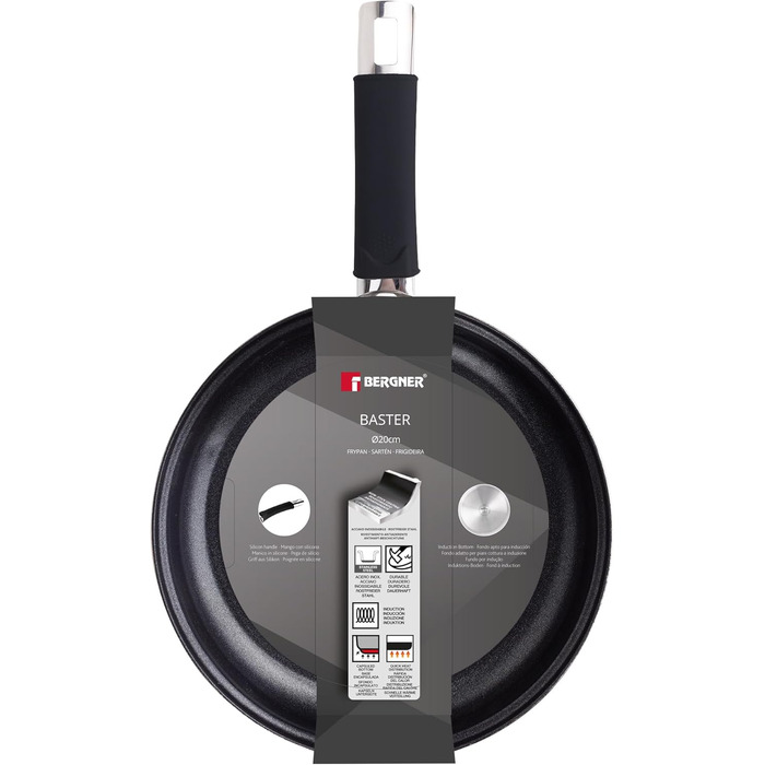 Набір сковорідок Bergner Baster з нержавіючої сталі (6 шт.) 20+24+28 см з подовженими ручками, захисні кришки, силіконові ручки, антипригарне покриття, індукційний посуд (20 см)