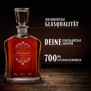 Maverton Whiskey Decanter + 2/4/6 Whiskey Glasses Set with Engraving - 700ml Whiskey Decanter - Christmas Gifts - Anniversary Gift for Couple - Monogram