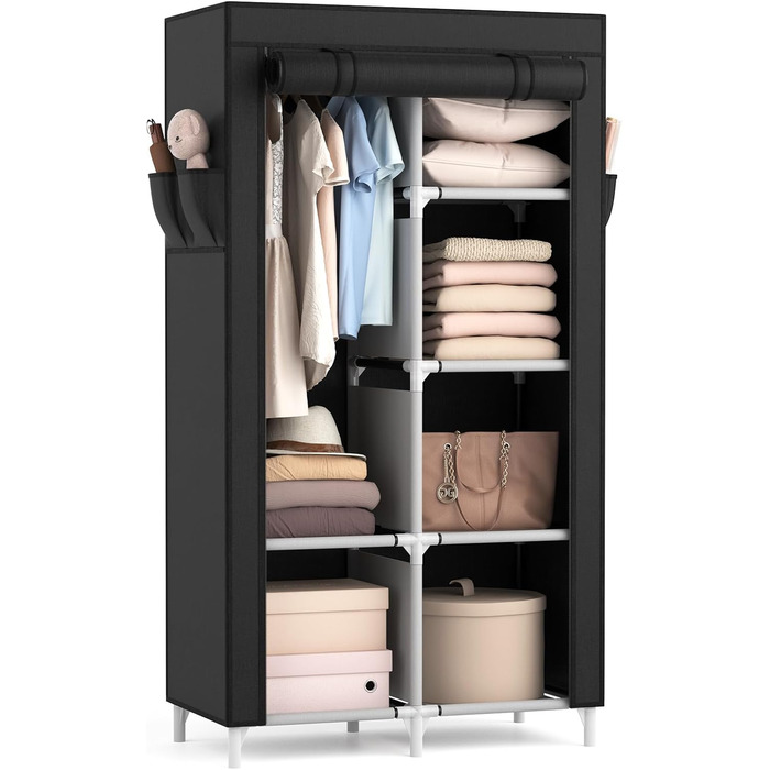 Wardrobe, Portable Fabric Clothes Closet with Clothes Rod, 6 Shelves, 4 Side Pockets, and Cover, Sturdy Clothes Racks for Bedroom Dressing Room (Black, 84 x 42 x 162 cm)