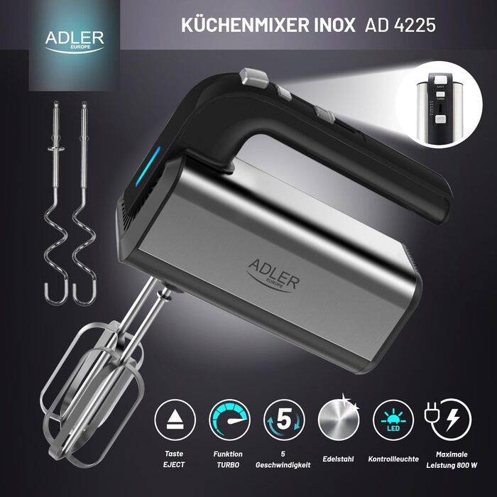 Ручний міксер ADLER AD4225, 800W, 5 швидкостей, турбо-режим, з нержавіючої сталі, для тіста та мусів