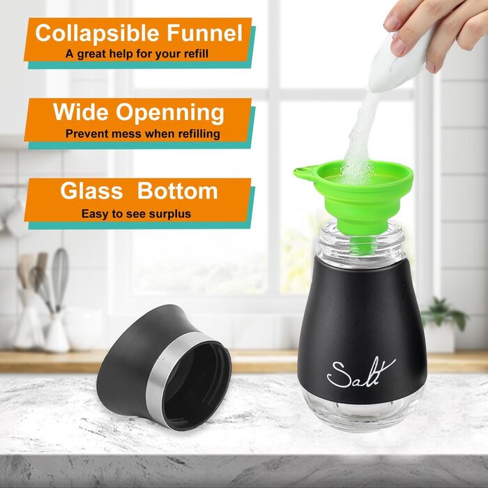 Набір соляної та перечної солілки з нержавіючої сталі з скляною пляшечкою, диспенсер для спецій, аксесуари для кухні, дому, ресторану, обіднього столу (Чорний)