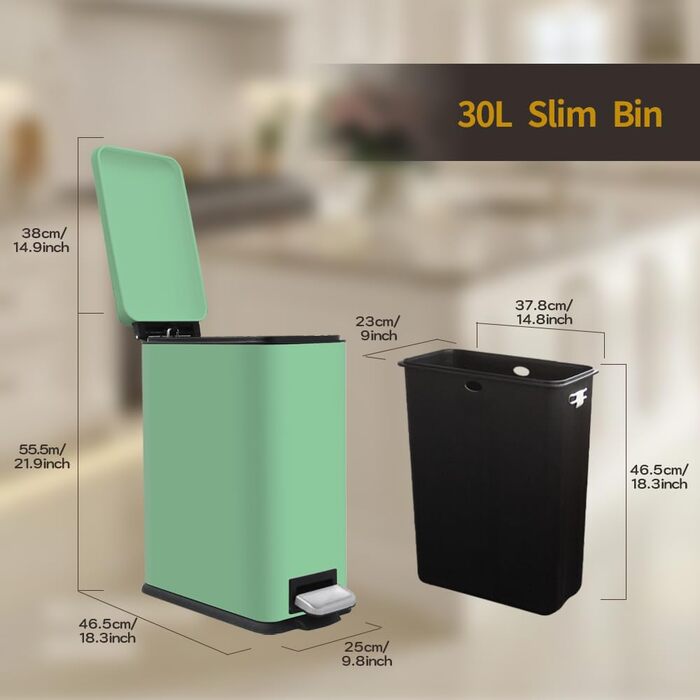 Відро для сміття кухонне 30 літрів з м'яким закриттям, зелене, з педаллю