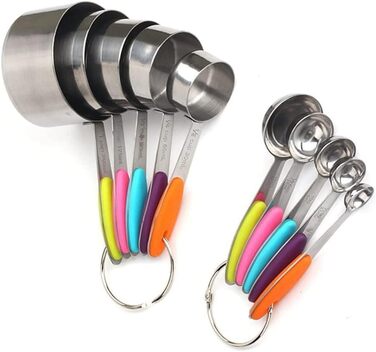 FBHappiness 10-Piece Stainless Steel Measuring Cups and Spoons Set, 5 Measuring Cups and 5 Measuring Spoons with Colored Silicone Handles (Color: A, Size A