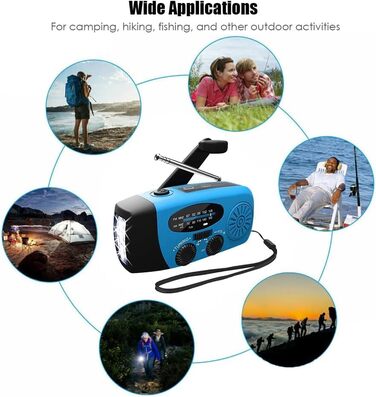 Радіоприймач сонячний Solar-Radio 2000mAh з ручним заводом, AM/FM, SOS-сигналом, LED-ліхтарем та USB-зарядкою, водонепроникний для кемпінгу, туризму та надзвичайних ситуацій (синій)