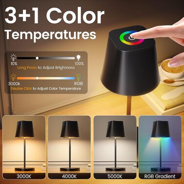 LED настільна лампа Quntis бездротова, торцева, з регулюванням яскравості, акумуляторна, USB, 3000K-5000K, IP44, для дому та вулиці, чорна (2, 3 колірні температури + RGB)