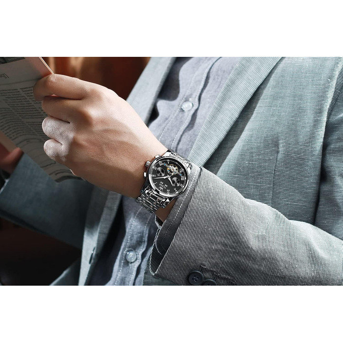 Годинник чоловічий OLEVS автоматичний золотий чорний механічний на зап'ястя з турбійоном, календарем, водонепроникний, світлодіодна, двоколірна модель для чоловіків (срібло/чорний)