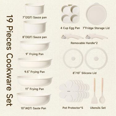 Набір посуду JEETEE 20 предметів з антипригарним покриттям та знімними ручками, для індукційних плит, штабельований, для дому та кемпінгу, жароміцний