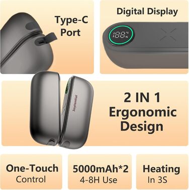 Електричний грієчка для рук та кишеньковий грієчка 10000mAh 2-в-1. Магнітний, 3 режими нагріву. Для активного відпочинку, кемпінгу, подарунок. Металевий сірий.
