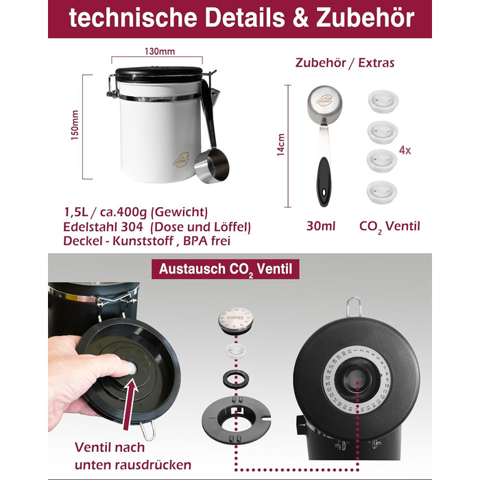 Контейнер для кави 500г з нержавіючої сталі з дозатором та календарем, 1,5л, стильна упаковка