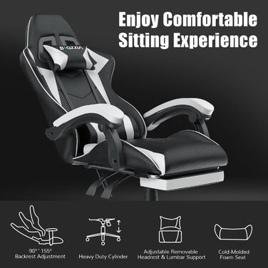 Геймерське крісло Bigzzia Ergonomic з підлокітниками, подушкою для попереку та голови, регульованою висотою, з підставкою для ніг - Білий