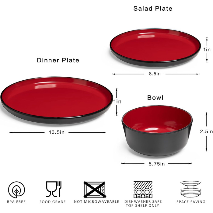 Набір посуду на 4 особи (12 предметів): тарілки для їжі, десертні тарілки, миски для каші, легкі тарілки та миски з меламіну. Підходить для кемпінгу, дачі, пікніків. Кольори: червоний та чорний.