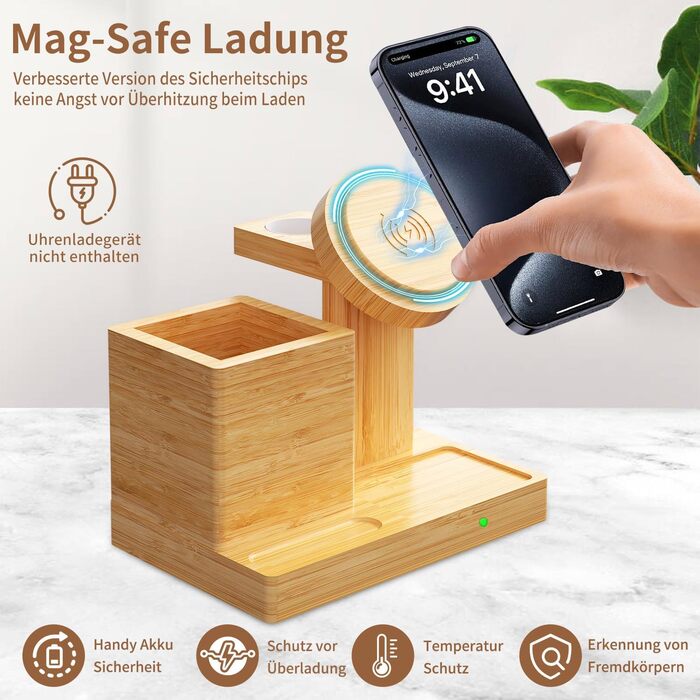 Багатофункціональна бамбукова зарядка 5-в-1 з LED-годинником та нічником. Підходить для Apple Watch, AirPods, Samsung Galaxy та інших пристроїв.