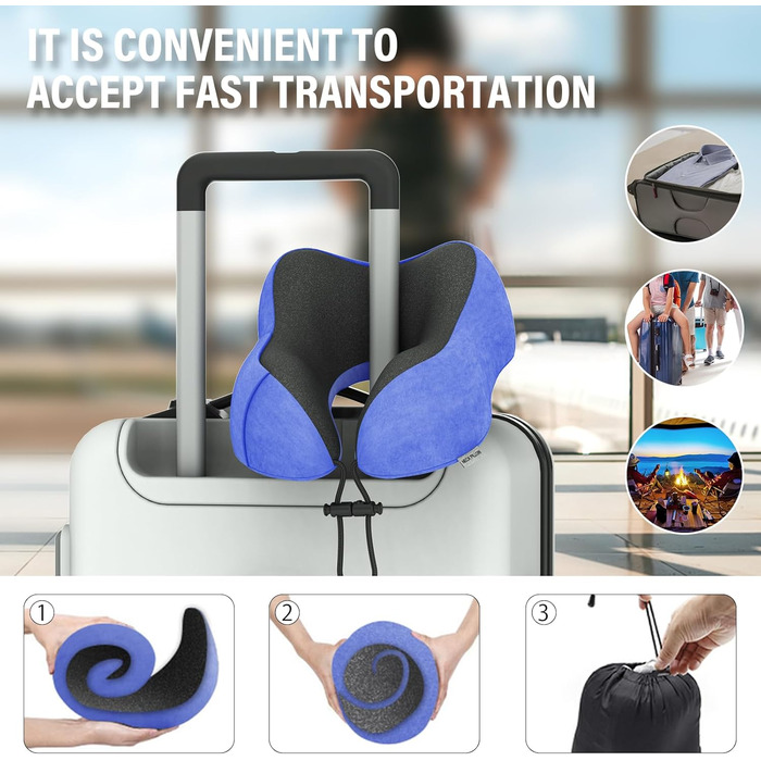 Подушка для шиї у подорожах: 100% Memory Foam, для автомобіля, літака, поїзда, офісу та дому (Морська синя)