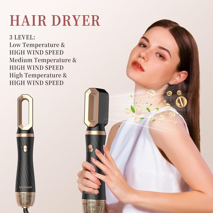 Набір для укладки волосся OKWRAP Airstyler 6 в 1: фен-щітка, автоматична завивка, об'ємні насадки, чорний/золотий