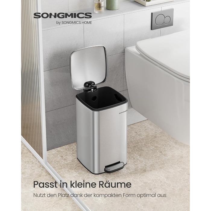 Смітник для ванної кімнати SONGMICS PLUSHIC LTB590B0602, педальний відро з кришкою Softclose, сталевий, 8 л, сріблястий металік