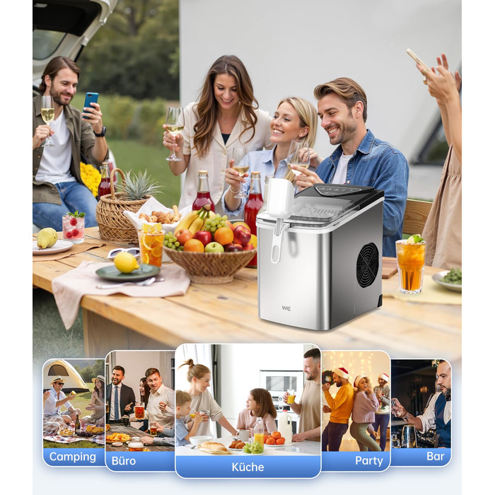 Машина для приготування льоду WIE 1.3L, 9 кубиків за 6 хвилин, тиха, самоочисна, для кухні, офісу, бару, вечірки (срібляста)