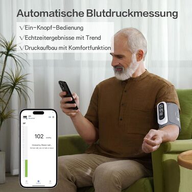 Тонометр на плечі CheckMe BP2A Nexus з великим дисплеєм, середнє значення за 3 вимірювання, бездротова манжета (22-42 см), додаток для iOS/Android, легке читання та професійна точність