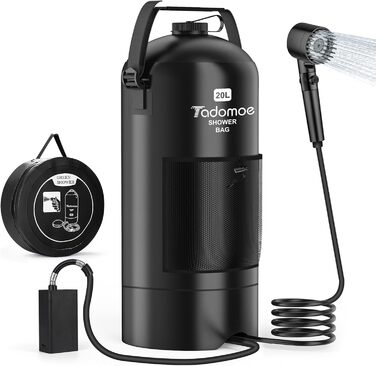 Сонячний душ Tadomoe 20L з насосом та сумкою для кемпінгу, чорний