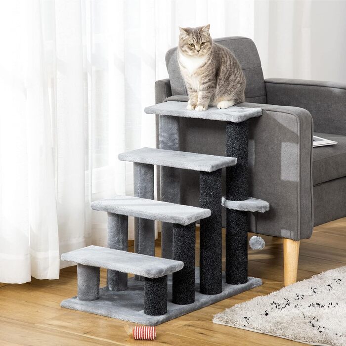 PawHut 4-Step Pet Stairs with Scratching Posts, Ball, Dog Stairs, Animal Stairs for Cats up to 5 kg, Plush Jute Grey, 60 x 40 x 64 cm