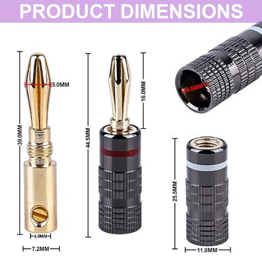 Бананові конектори Vegena (20 шт.) з 24K покриттям, 4 мм, для акустичних кабелів, підсилювачів, AV-ресиверів, домашнього кінотеатру