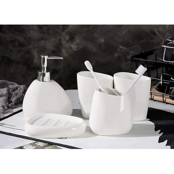 Набір аксесуарів для ванної кімнати BLBYHO, 5 шт., білий, кераміка: мильниця, дозатор для мила, тримач для зубних щіток, 2 стаканчики