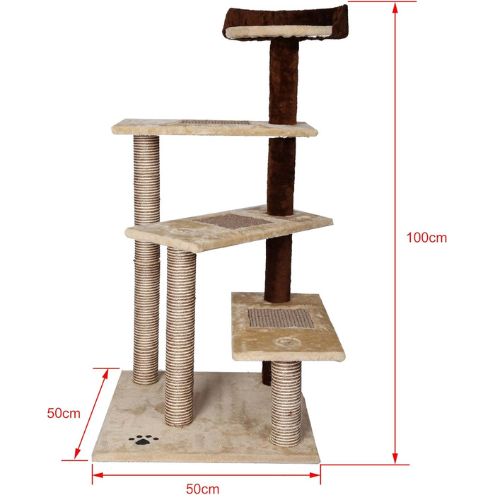 Wiltec Scratching Post 100 cm with Sisal in Beige/Brown, Cat Tree with 3 Resting Areas, Cat Scratching Post with Viewing Platform, 2-Color Cat Scratching Post