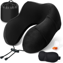 Подушка для шиї у літак - туристична подушка з memory foam, ергономічна форма - з маскою для сну, навушниками, сумкою - ідеальна для подорожей, офісу, дому (Чорний)