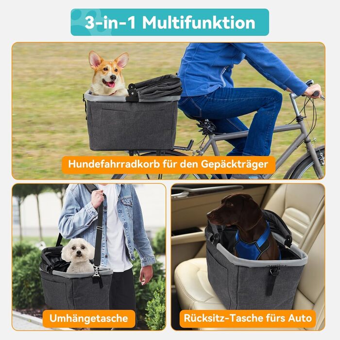 Кошик для велосипеда для собак до 12 кг з металевим каркасом, швидкознімний кріплення, сітчасте вікно, м'яке сидіння, світловідбиваючі смуги, складаний, для міських велосипедів