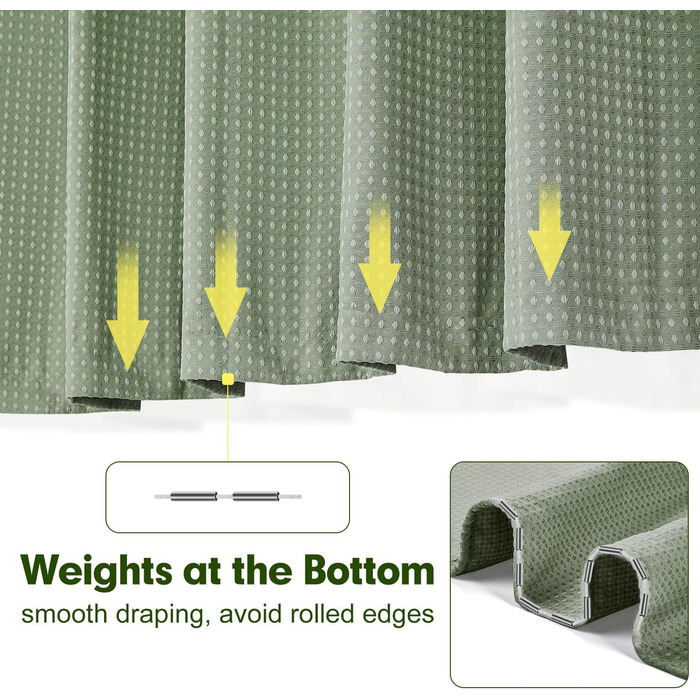 Штора для душу Waffel 183x198 см - текстильна, поліестер, з магнітами, 12 кілець, непрозора, водовідштовхувальна, для ванної кімнати (зелена)