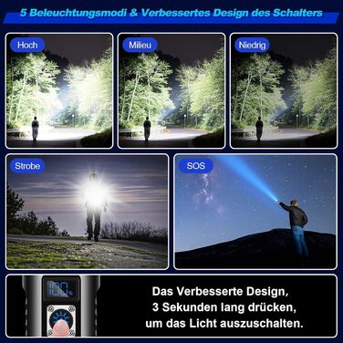 Ліхтарик LED акумуляторний, 500 000 люмен, тактичний, з регулюванням фокусу, 5 режимів, для кемпінгу, матовий чорний