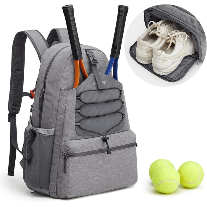 G4Free Tennis Bag Backpack - Large Capacity Tennis Racket Bag with Shoe Compartment for Men & Women (Grey)