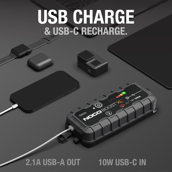 Портативний пусковий пристрій NOCO Boost GB50: 1500A UltraSafe Powerbank - 12V літієвий стартер з кабелями для бензинових двигунів до 7.0L та дизельних до 4.5L