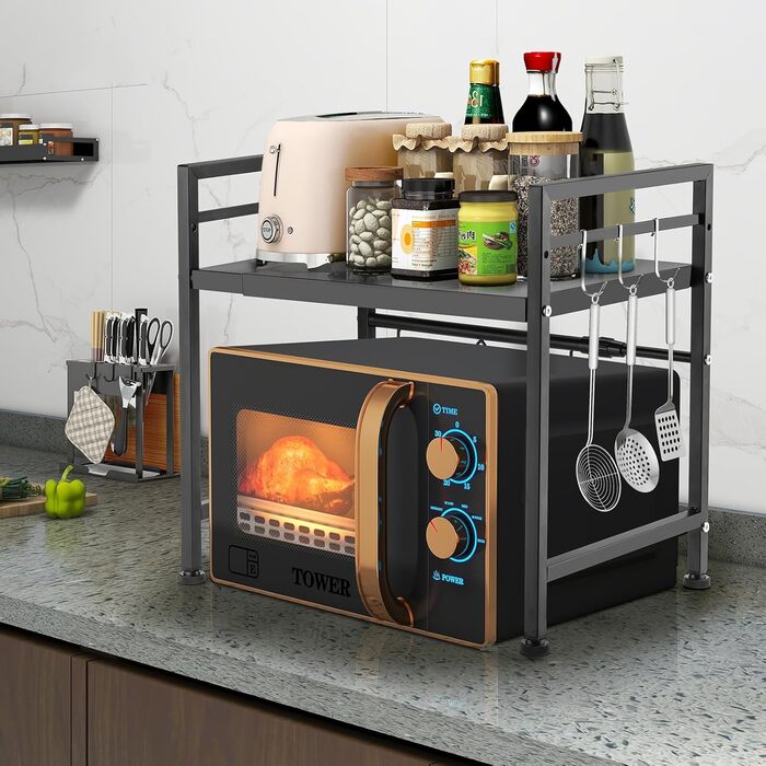 Розширювана підставка для мікрохвильової печі 2-ярусна, органайзер з вуглецевої сталі, кухонна полиця з 10 гачками для тостера та аірфрая (білий)