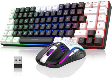 RedThunder K84 Combo: Бездротова клавіатура та миша USB, AZERTY (французька), 75% TKL, 3200 DPI (Чорний/Білий)