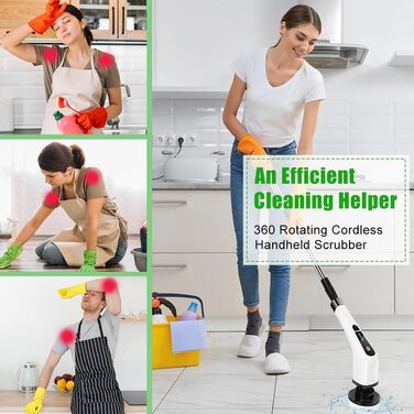 Електрична щітка для чищення OSDUE з 7 насадками, бездротова, водонепроникна IPX7, для ванни та плитки, з регульованою ручкою 137 см, біла