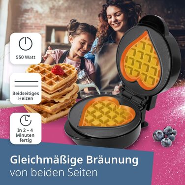 Вафельниця ADE Mini Heart Shape - вафлі у формі серця, 550W, антипригарне покриття, чорний, 2024