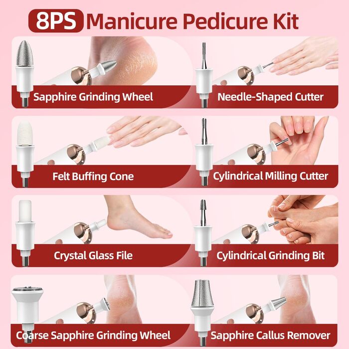 Електричний набір для манікюру та педикюру з USB-зарядкою, 8 насадок, LED-підсвічування, для догляду за руками та ногами (білий, рожеве золото)