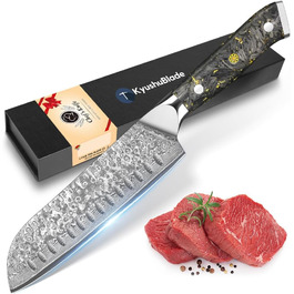 Японський ніж Santoku Kyushublade з дамаської сталі (67 шарів), з унікальною ручкою з карбону та золота, професійний кухонний ніж