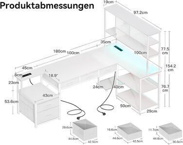Комп'ютерний стіл Coleshome з 5 шухлядами та 4 полицями 180x100 см, L-подібний стіл з LED-підсвіткою, розетками та USB, великий стіл для home office, білий