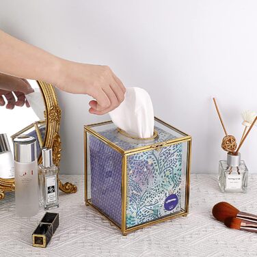 SUMNACON Glass Face Tissue Box Clear Gold Paper Box Holder, Square Napkin Box Storage Tissue Paper Box Organizer, Decorative Cube Tissue Box for Face Tissues, Napkin