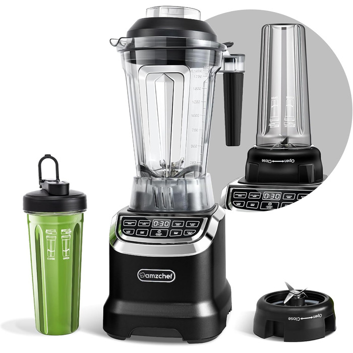 AMZCHEF Mixer Smoothie Maker - 2000W Blender - High-Performance Mixer with LED Timer - 6 Professional 3D Blades - 22000 RPM Stand Mixer - 1.85 Liter Bottle and 600ml Portable Bottle 2000W Black