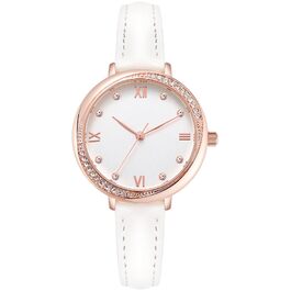 Жіночий класичний кварцовий годинник NUOVO Rose Gold з білим шкіряним ремінцем та кристалами на безелі