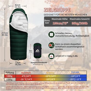Пуховий спальний мішок для дорослих, преміум-якість 680FP, зимовий для кемпінгу та подорожей, з компресійним мішком. -10°C, сірий (-4°C, зелений)