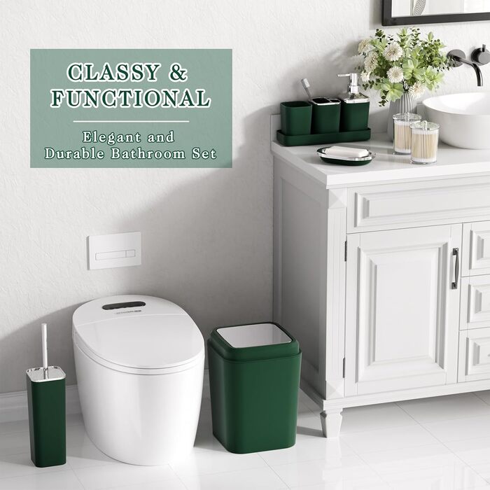 Набір аксесуарів для ванної кімнати темно-зеленого кольору (24 предмети): душовий завіс, килимки, відро, тримач для зубних щіток, миска, дозатор мила, піднос, мильниця, щітка для унітазу, тримач для ватних паличок