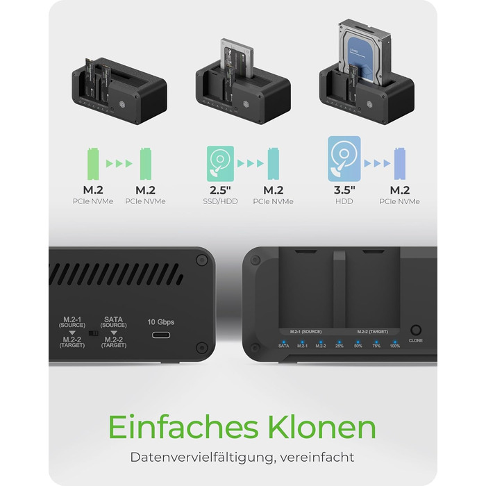ICY BOX Док-станція для HDD/SSD USB 3.2 Gen 2 (10 Gbit/s) - Клонування жорстких дисків, підтримка 2.5' та 3.5' SATA, M.2 NVMe